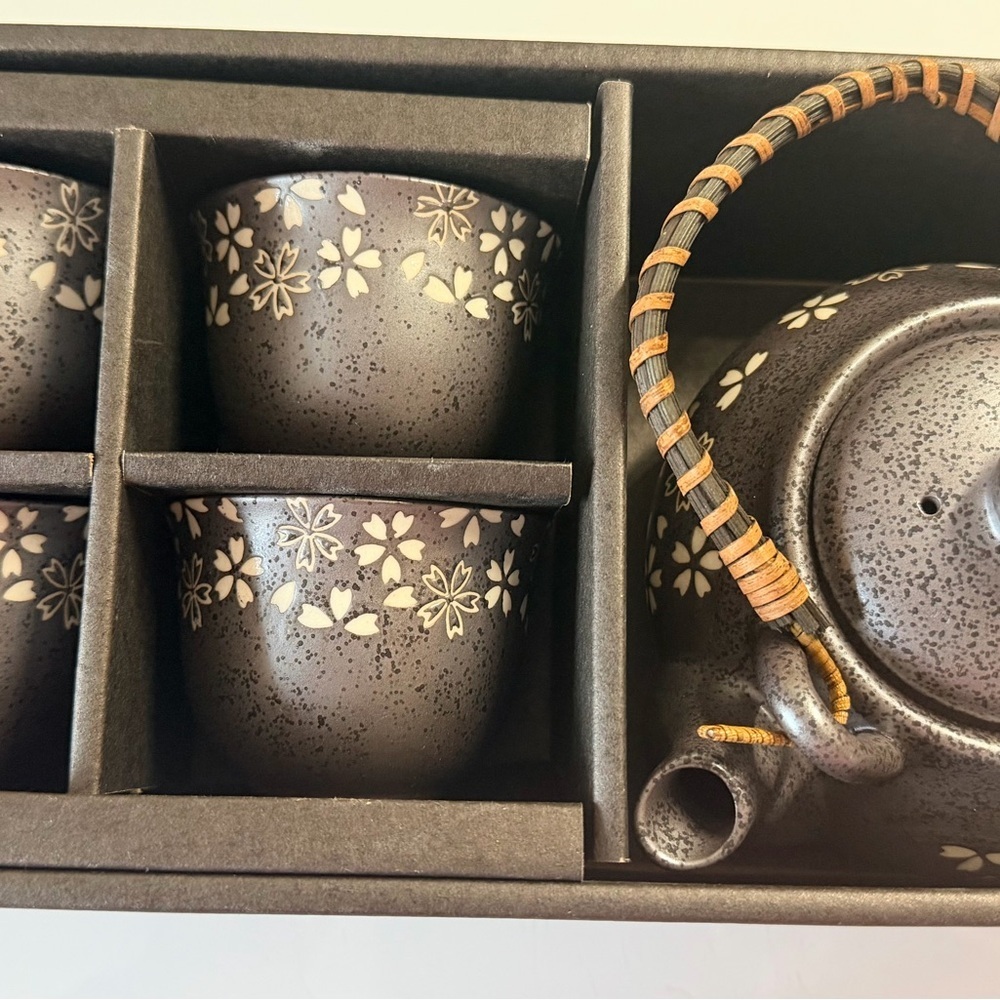 Grey Japanese Floral Ceramic Teapot and Cup Set